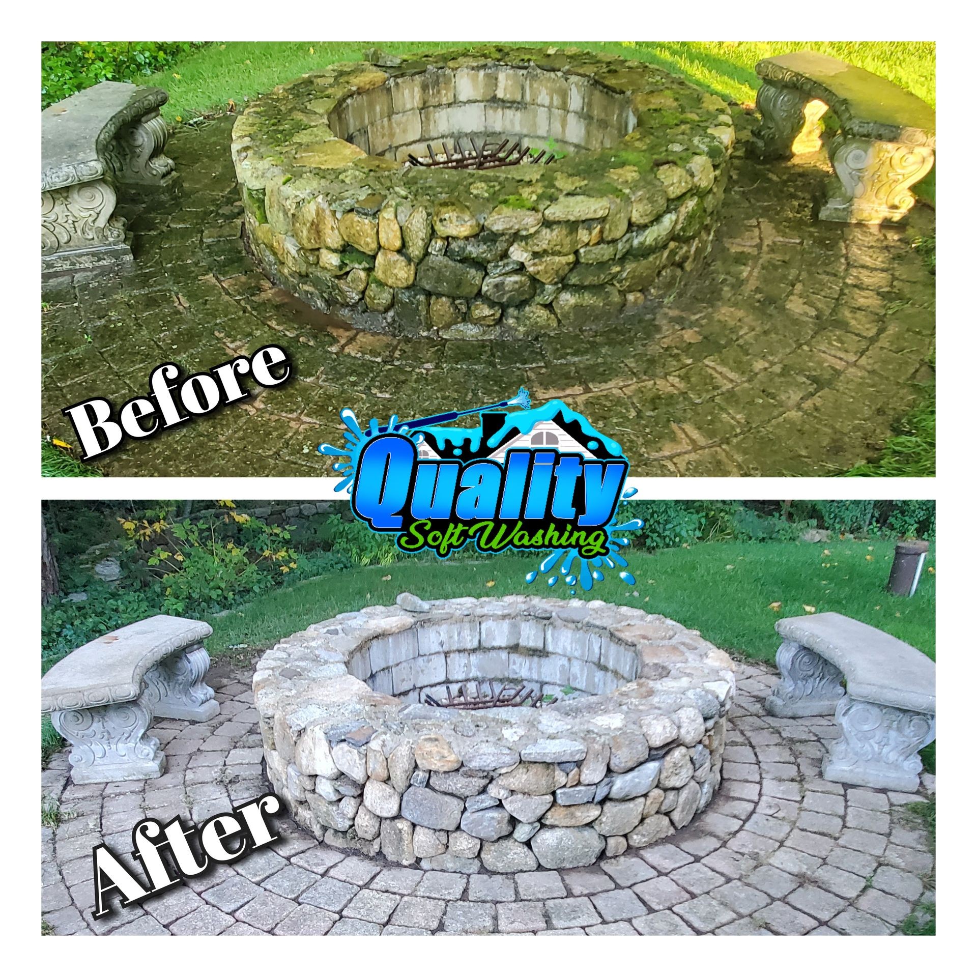 This paver patio and firepit was brought back to life by our expert cleaning services. We specialize in revitalizing outdoor spaces, removing dirt, mold, and stains to reveal the true beauty beneath. Transform your patio into a welcoming haven with our 5-star rated team